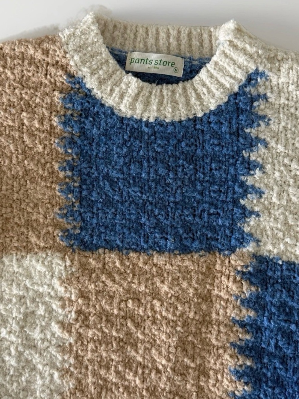 Patchwork Colorblock Women’s Chunky Knit Sweater Blue Cream Tan Pants Store Sz M